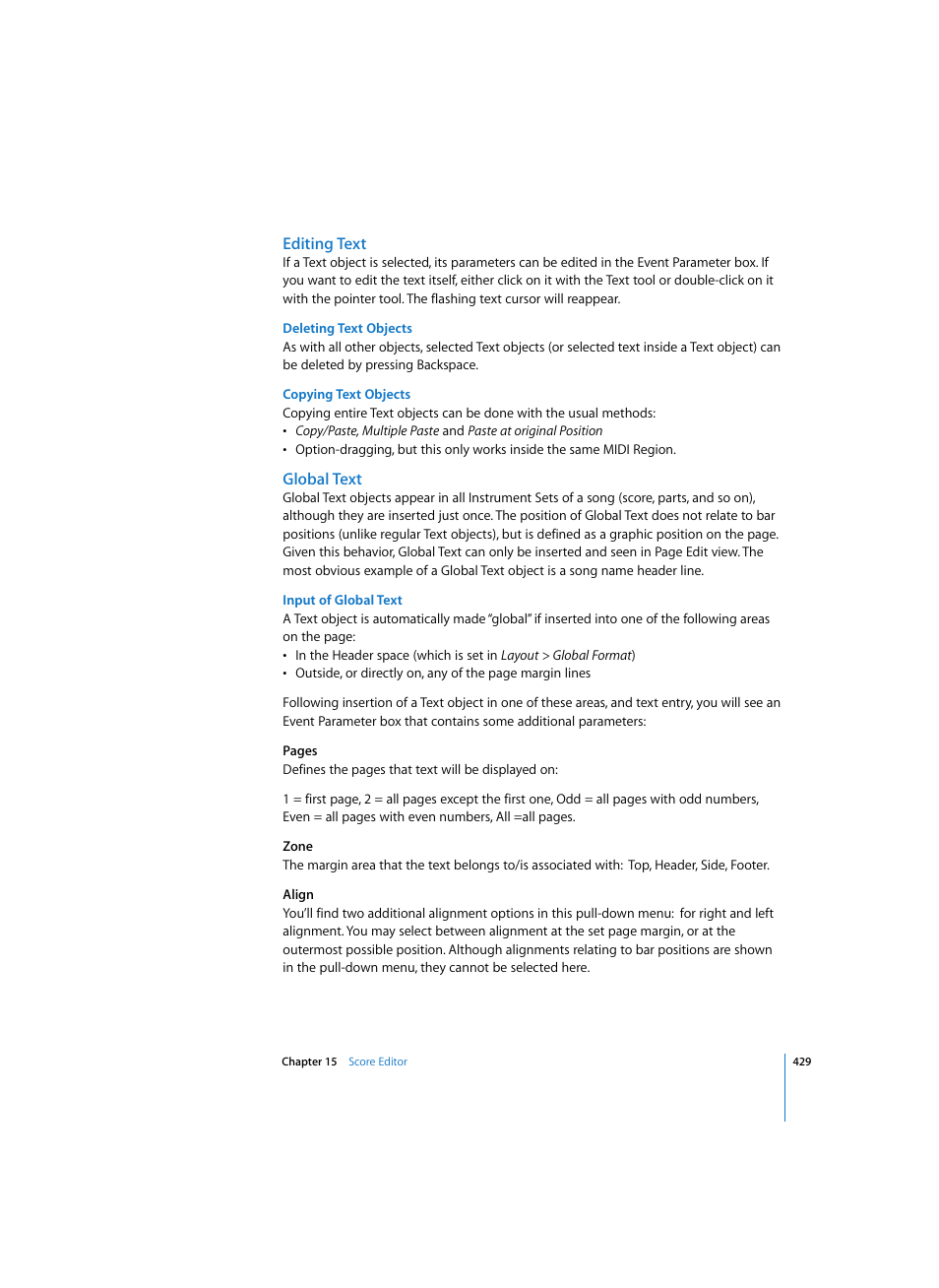 Editing text, Deleting text objects, Copying text objects | Global text, Input of global text | Apple Logic Express 7 User Manual | Page 429 / 522