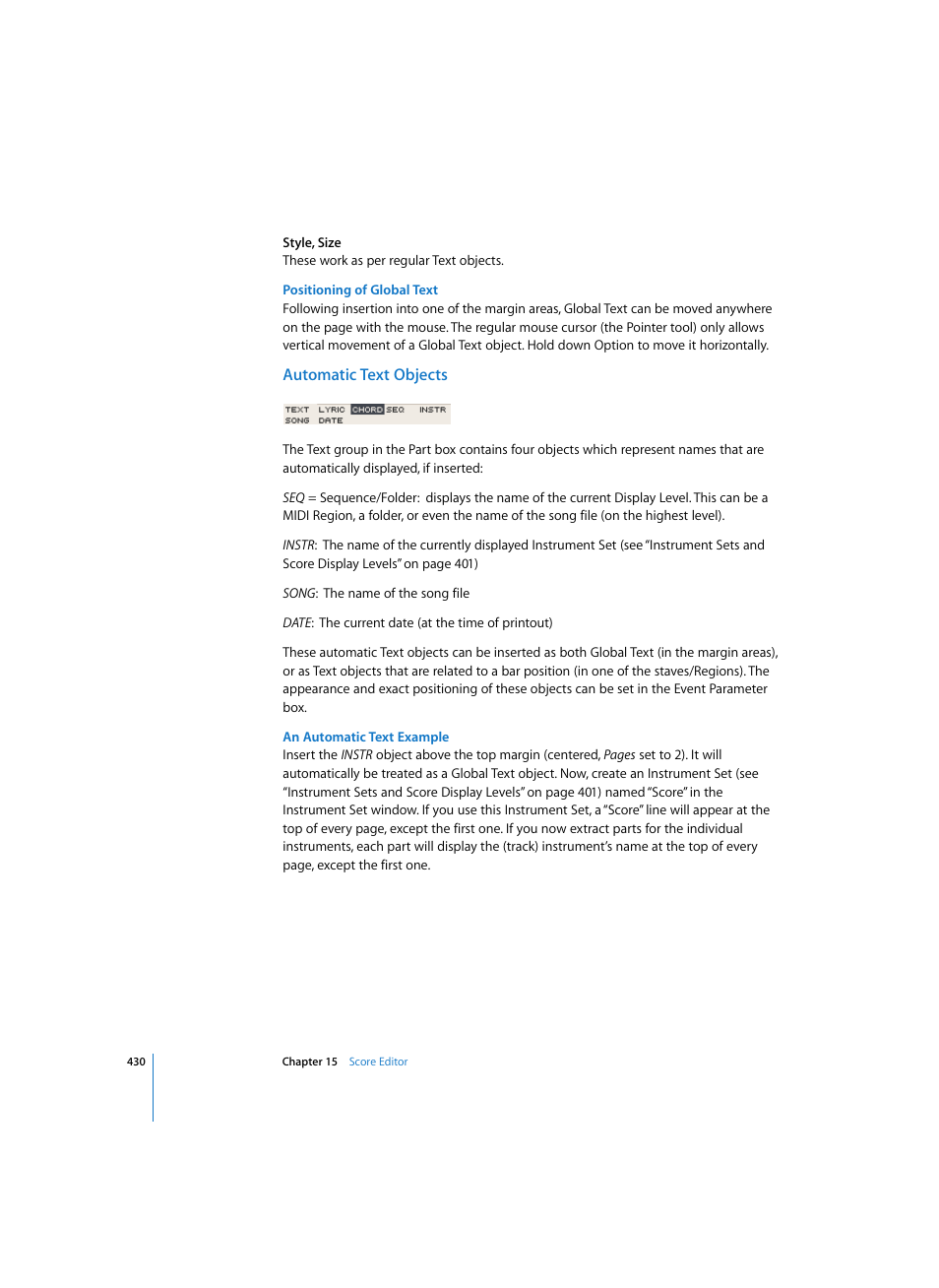 Positioning of global text, Automatic text objects, An automatic text example | Apple Logic Express 7 User Manual | Page 430 / 522