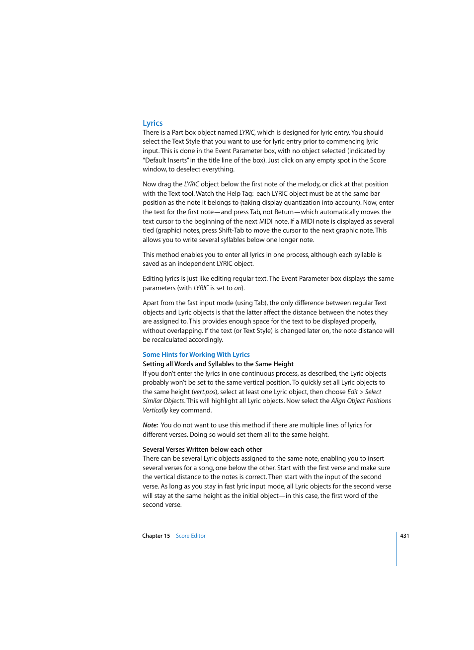 Lyrics, Some hints for working with lyrics | Apple Logic Express 7 User Manual | Page 431 / 522