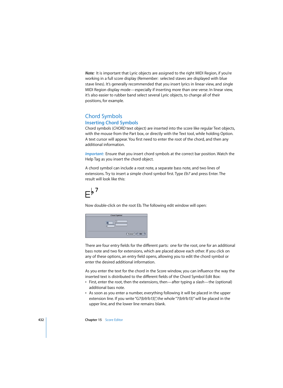 Chord symbols, Inserting chord symbols | Apple Logic Express 7 User Manual | Page 432 / 522