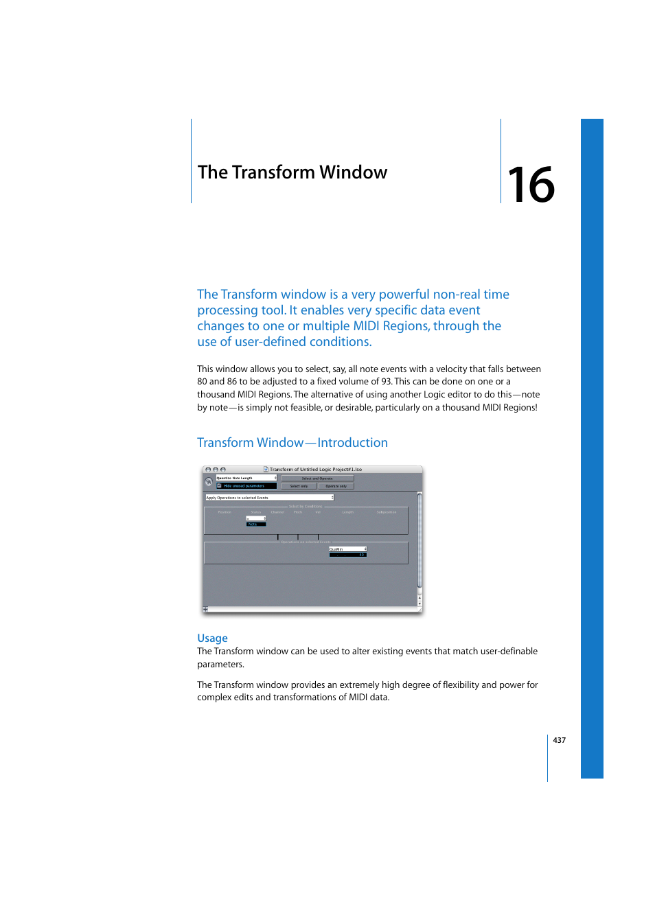 The transform window, Transform window—introduction, Usage | Apple Logic Express 7 User Manual | Page 437 / 522