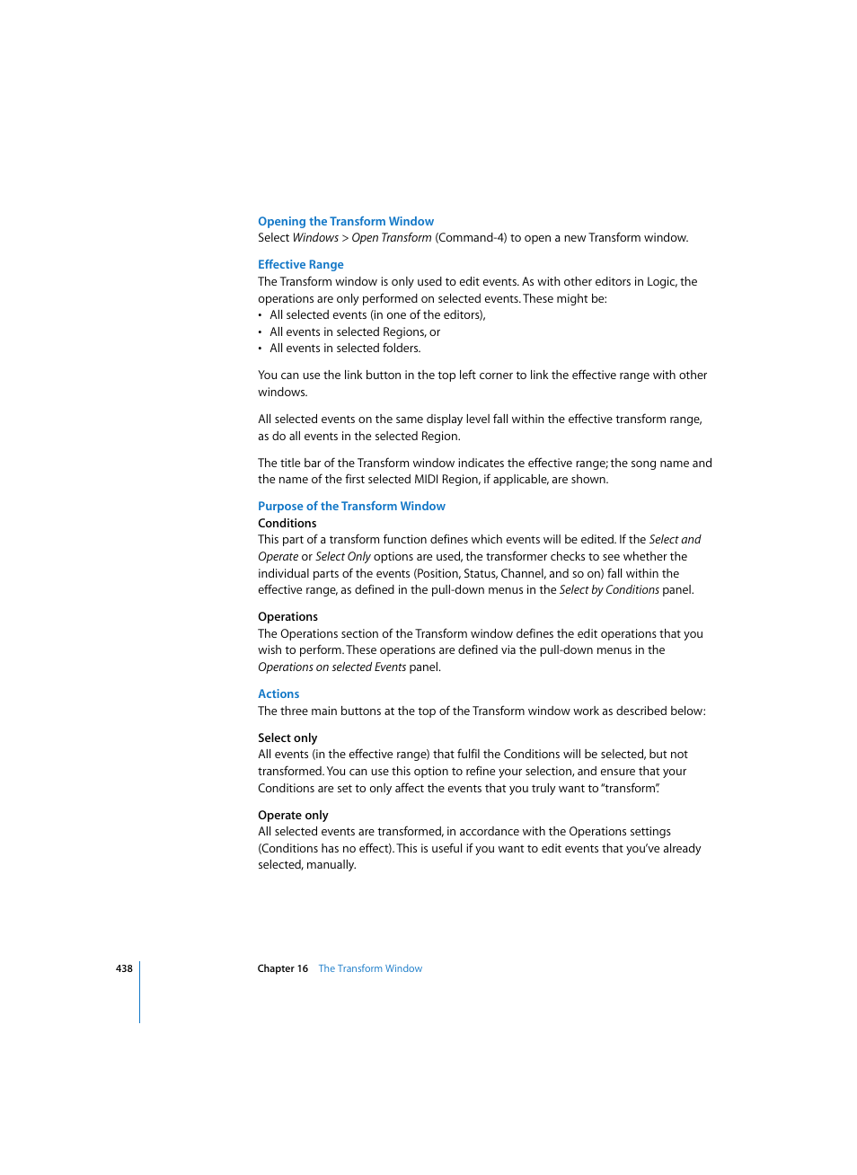 Opening the transform window, Effective range, Purpose of the transform window | Actions | Apple Logic Express 7 User Manual | Page 438 / 522
