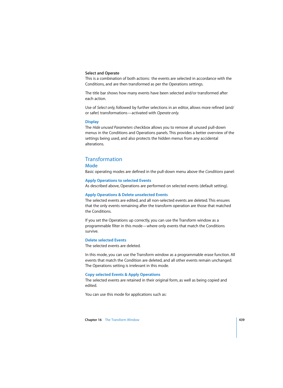 Display, Transformation, Mode | Apply operations to selected events, Apply operations & delete unselected events, Delete selected events, Copy selected events & apply operations | Apple Logic Express 7 User Manual | Page 439 / 522