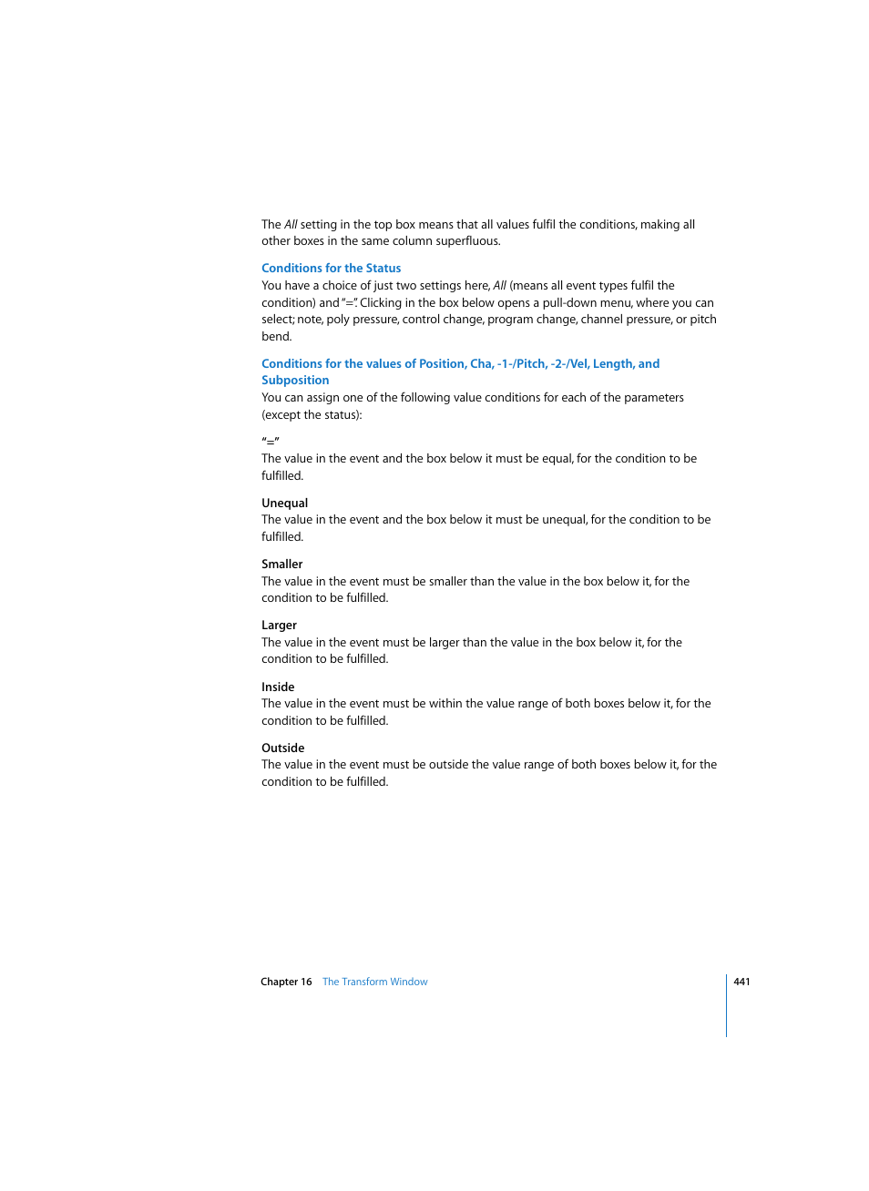 Conditions for the status | Apple Logic Express 7 User Manual | Page 441 / 522