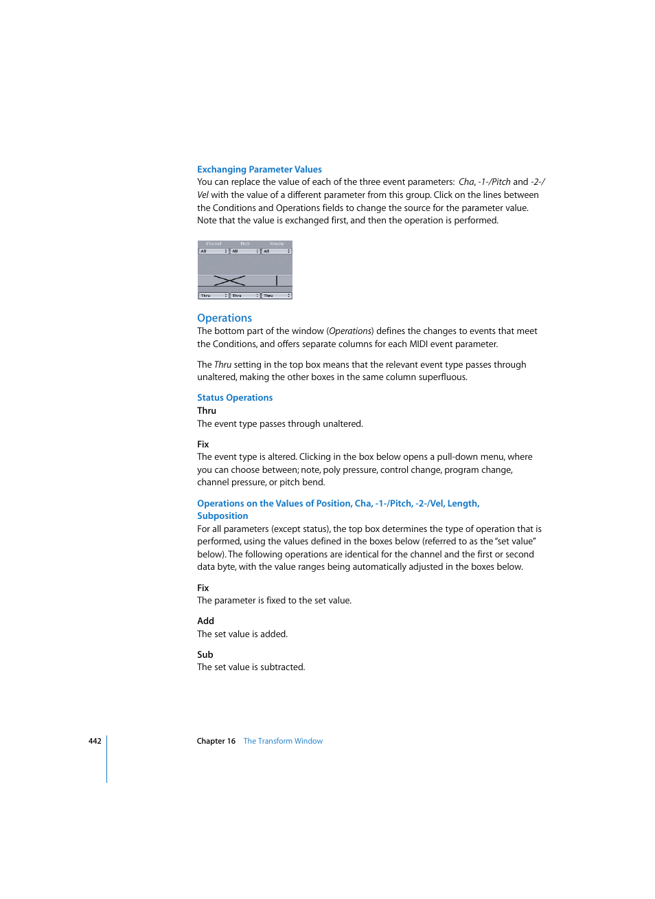 Exchanging parameter values, Operations, Status operations | Apple Logic Express 7 User Manual | Page 442 / 522