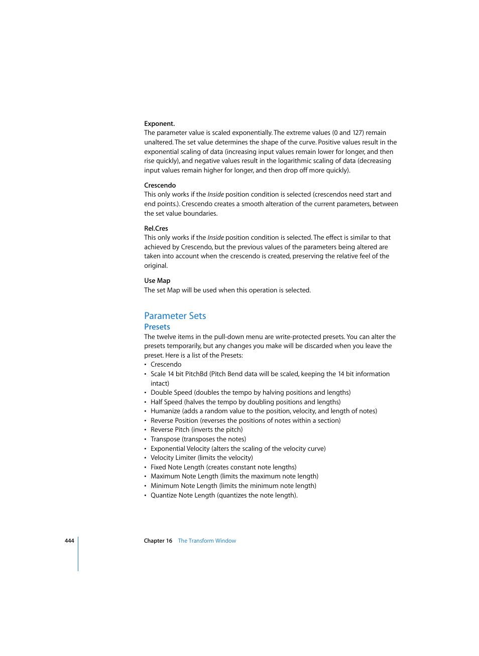 Parameter sets, Presets | Apple Logic Express 7 User Manual | Page 444 / 522