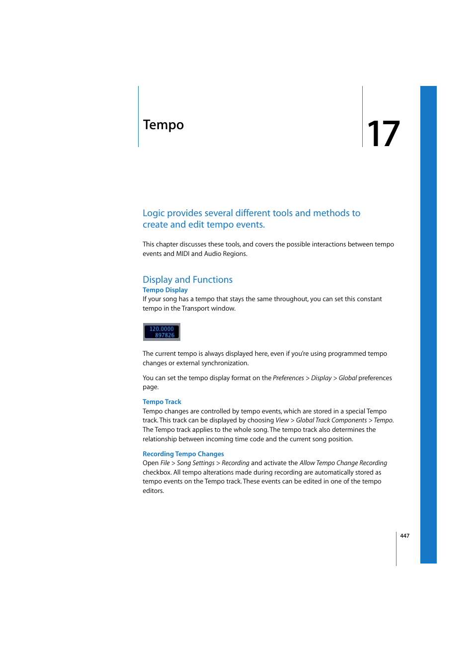 Tempo, Display and functions, Tempo display | Tempo track, Recording tempo changes | Apple Logic Express 7 User Manual | Page 447 / 522