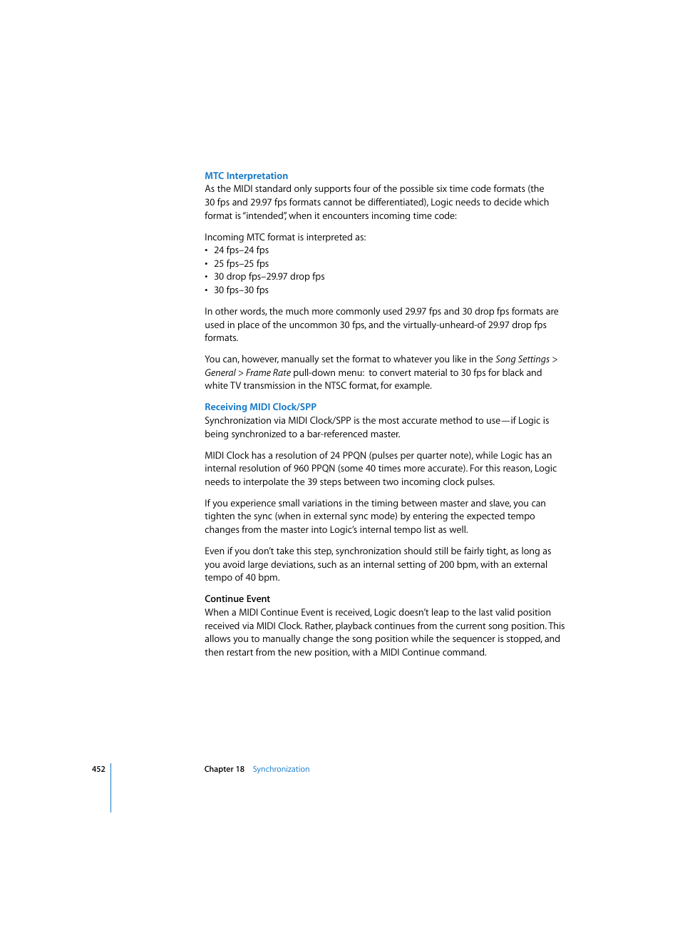 Mtc interpretation, Receiving midi clock/spp | Apple Logic Express 7 User Manual | Page 452 / 522