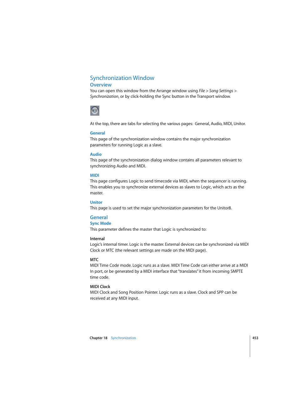 Synchronization window, Overview, General | Audio, Midi, Unitor, Sync mode | Apple Logic Express 7 User Manual | Page 453 / 522