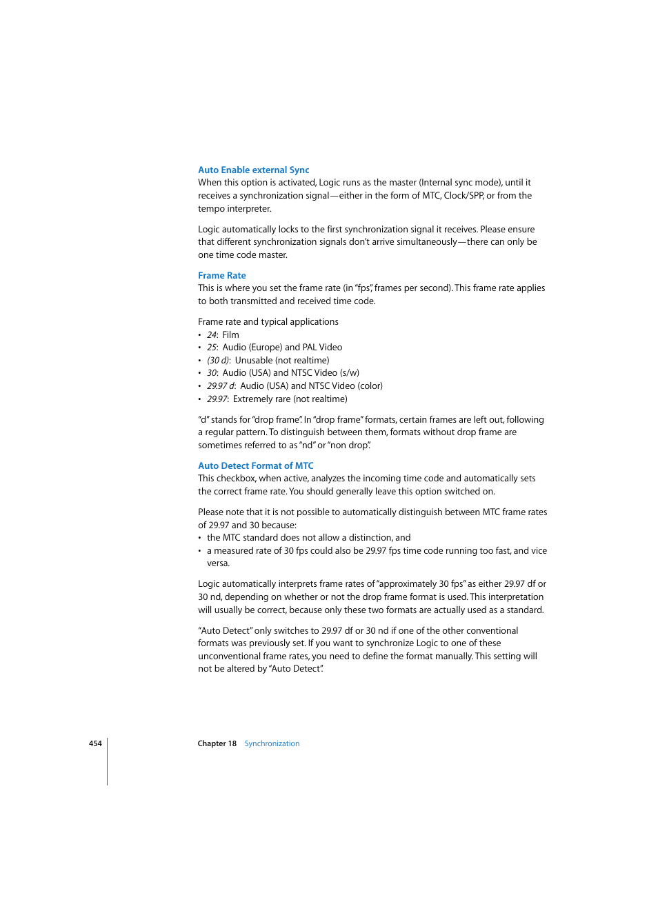 Auto enable external sync, Frame rate, Auto detect format of mtc | Apple Logic Express 7 User Manual | Page 454 / 522