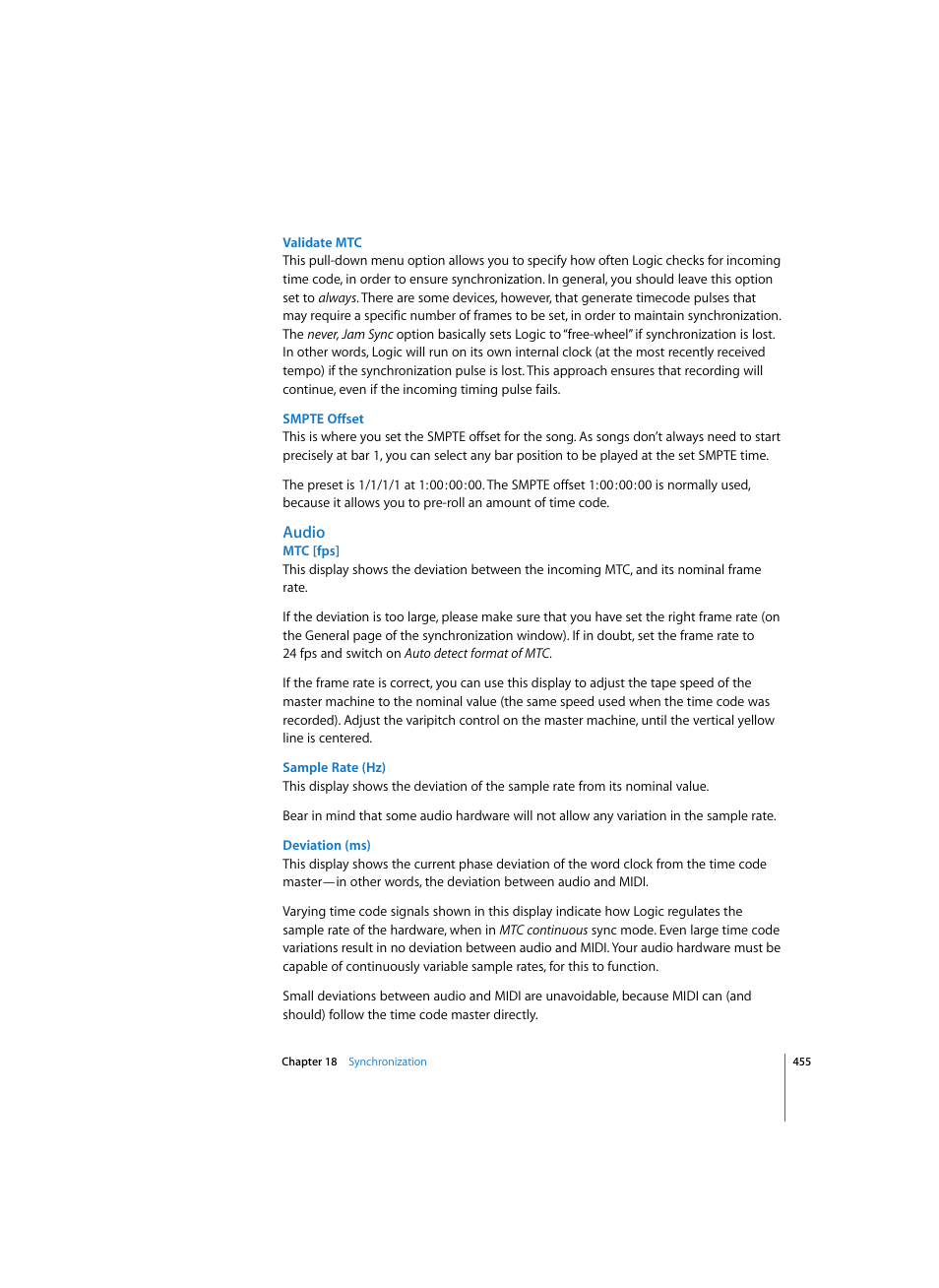 Validate mtc, Smpte offset, Audio | Mtc [fps, Sample rate (hz), Deviation (ms) | Apple Logic Express 7 User Manual | Page 455 / 522