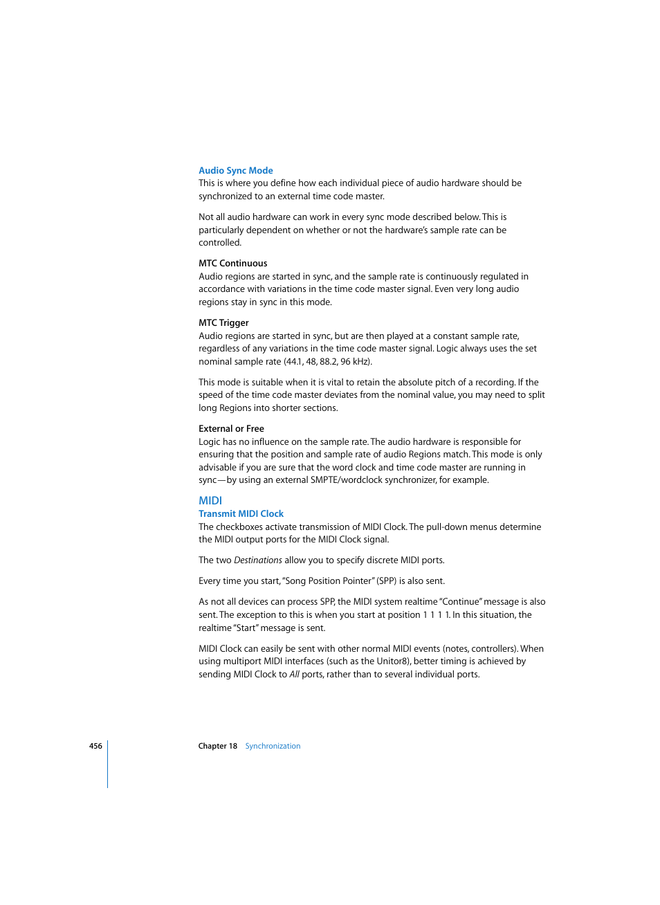 Audio sync mode, Midi, Transmit midi clock | Apple Logic Express 7 User Manual | Page 456 / 522