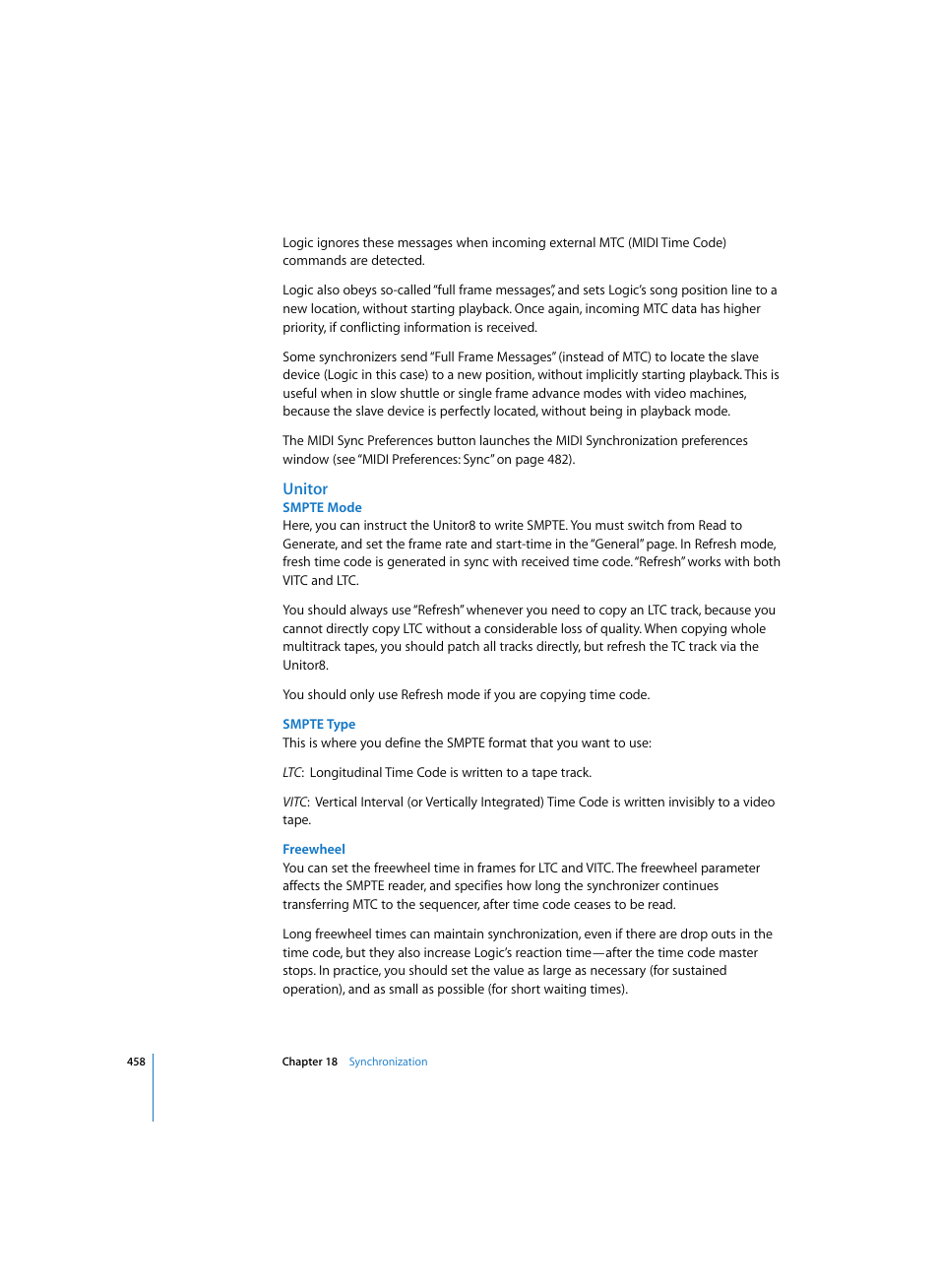 Unitor, Smpte mode, Smpte type | Freewheel | Apple Logic Express 7 User Manual | Page 458 / 522