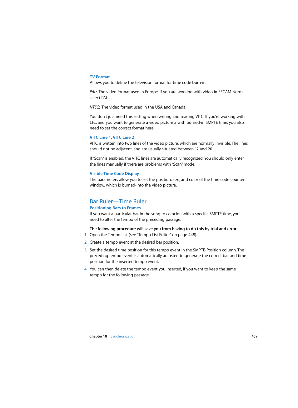 Tv format, Vitc line 1, vitc line 2, Visible time code display | Bar ruler—time ruler, Positioning bars to frames | Apple Logic Express 7 User Manual | Page 459 / 522