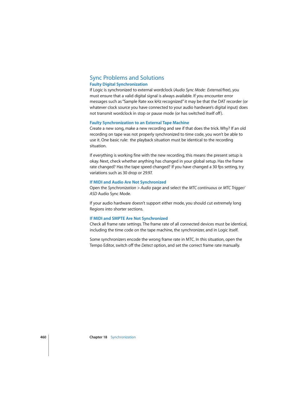 Sync problems and solutions, Faulty digital synchronization, Faulty synchronization to an external tape machine | If midi and audio are not synchronized, If midi and smpte are not synchronized | Apple Logic Express 7 User Manual | Page 460 / 522