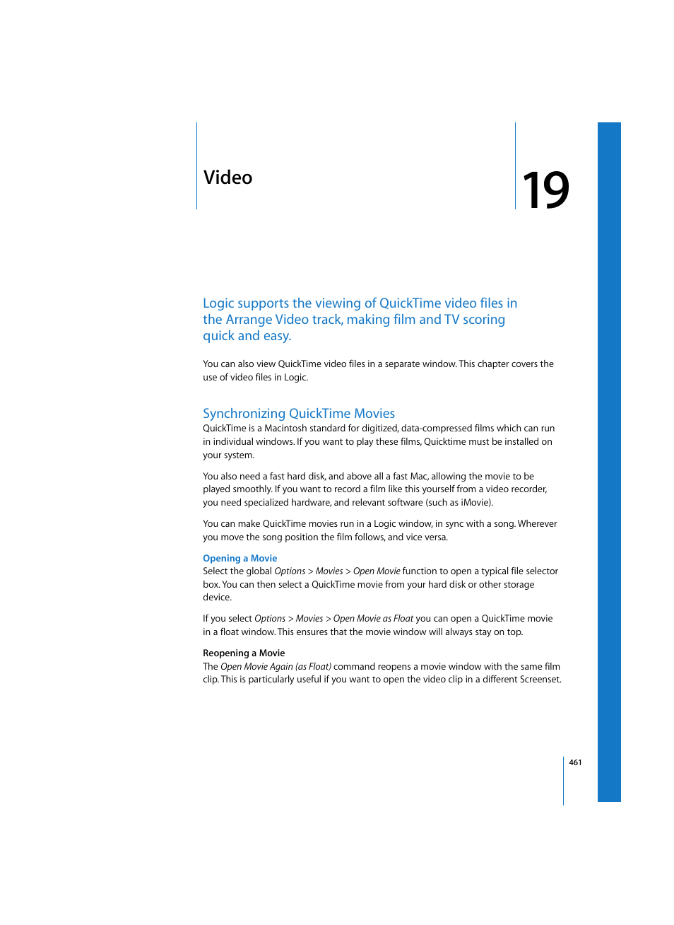 Video, Synchronizing quicktime movies, Opening a movie | Apple Logic Express 7 User Manual | Page 461 / 522