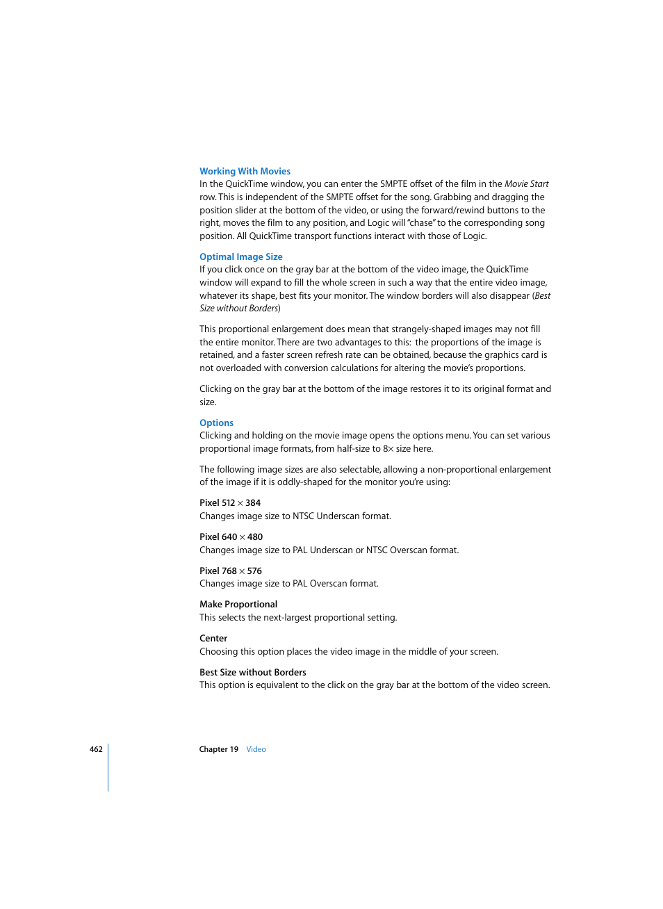 Working with movies, Optimal image size, Options | Apple Logic Express 7 User Manual | Page 462 / 522