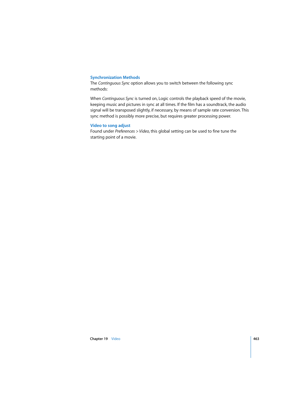 Synchronization methods, Video to song adjust | Apple Logic Express 7 User Manual | Page 463 / 522
