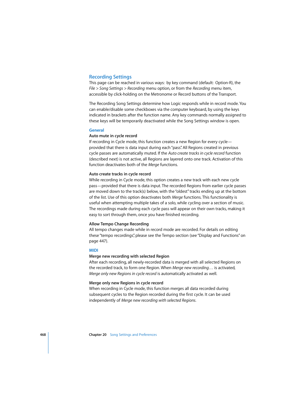 Recording settings, General, Midi | Apple Logic Express 7 User Manual | Page 468 / 522