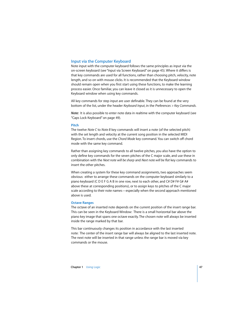 Input via the computer keyboard, Pitch, Octave ranges | Apple Logic Express 7 User Manual | Page 47 / 522