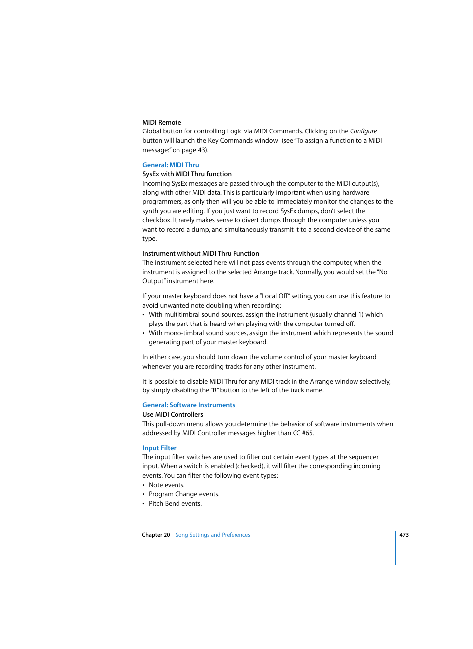 General: midi thru, General: software instruments, Input filter | Apple Logic Express 7 User Manual | Page 473 / 522