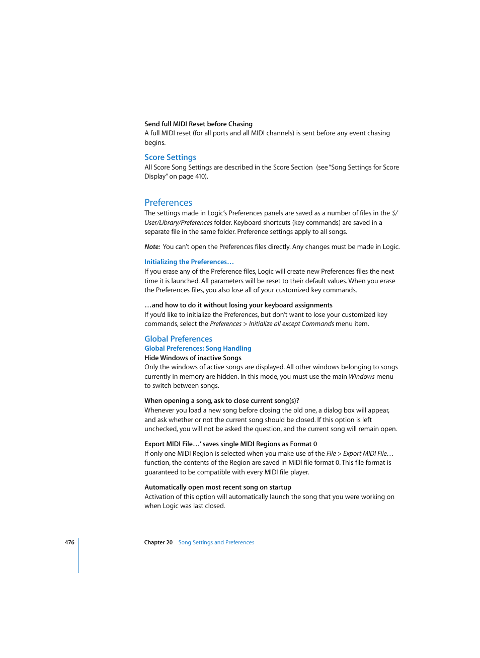 Score settings, Preferences, Initializing the preferences | Global preferences, Global preferences: song handling | Apple Logic Express 7 User Manual | Page 476 / 522