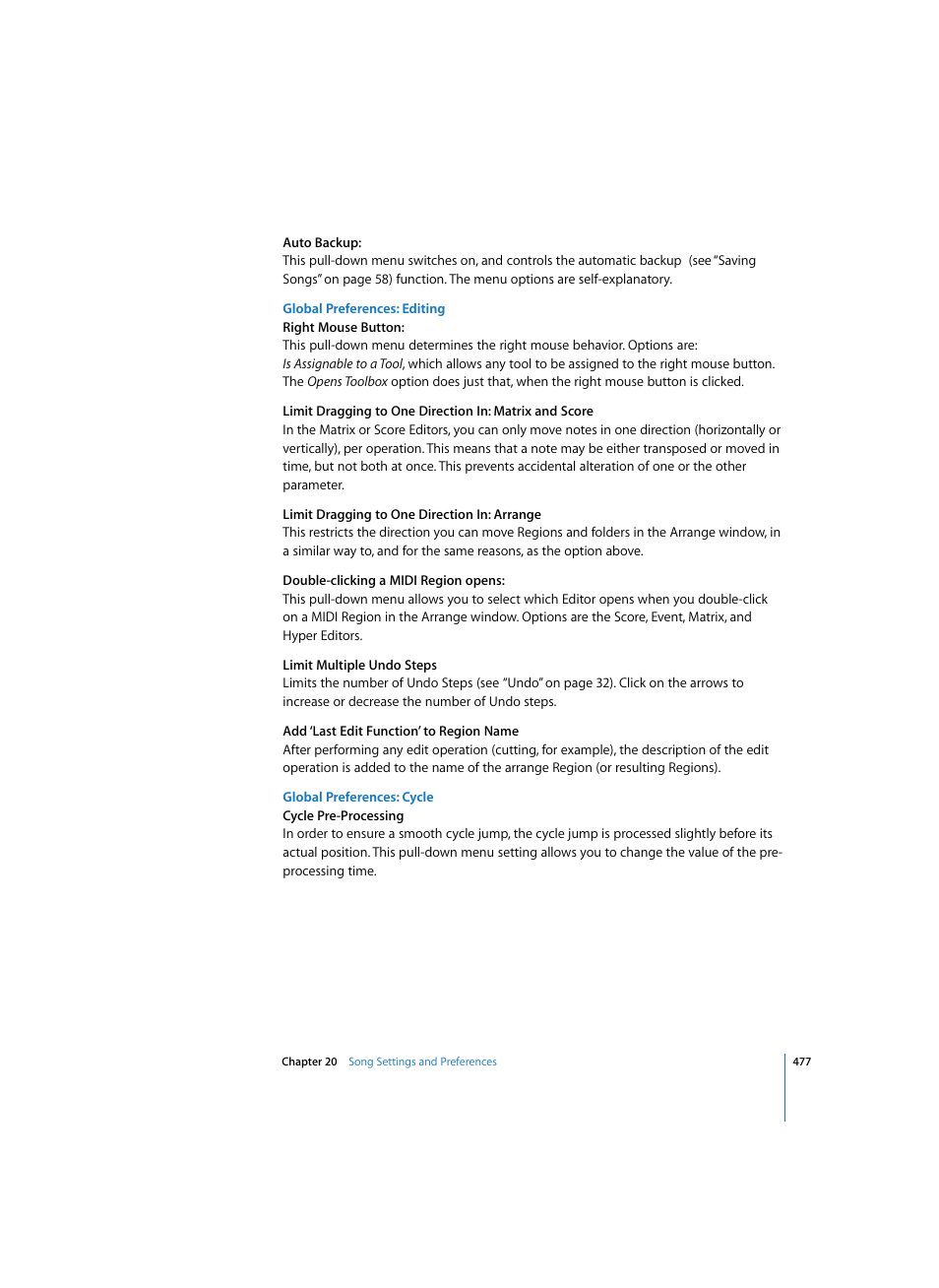 Global preferences: editing, Global preferences: cycle | Apple Logic Express 7 User Manual | Page 477 / 522
