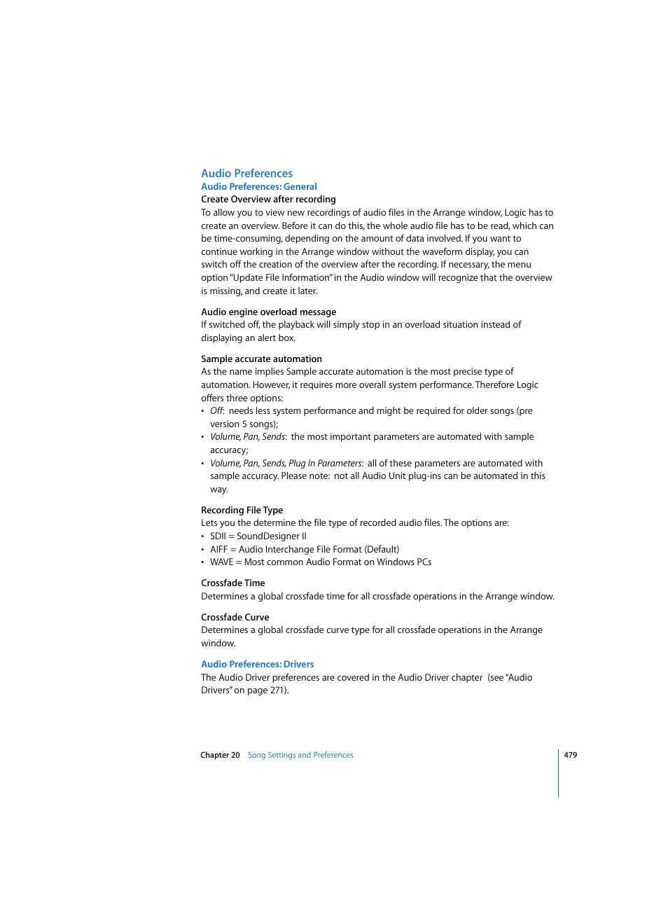 Audio preferences, Audio preferences: general, Audio preferences: drivers | Apple Logic Express 7 User Manual | Page 479 / 522