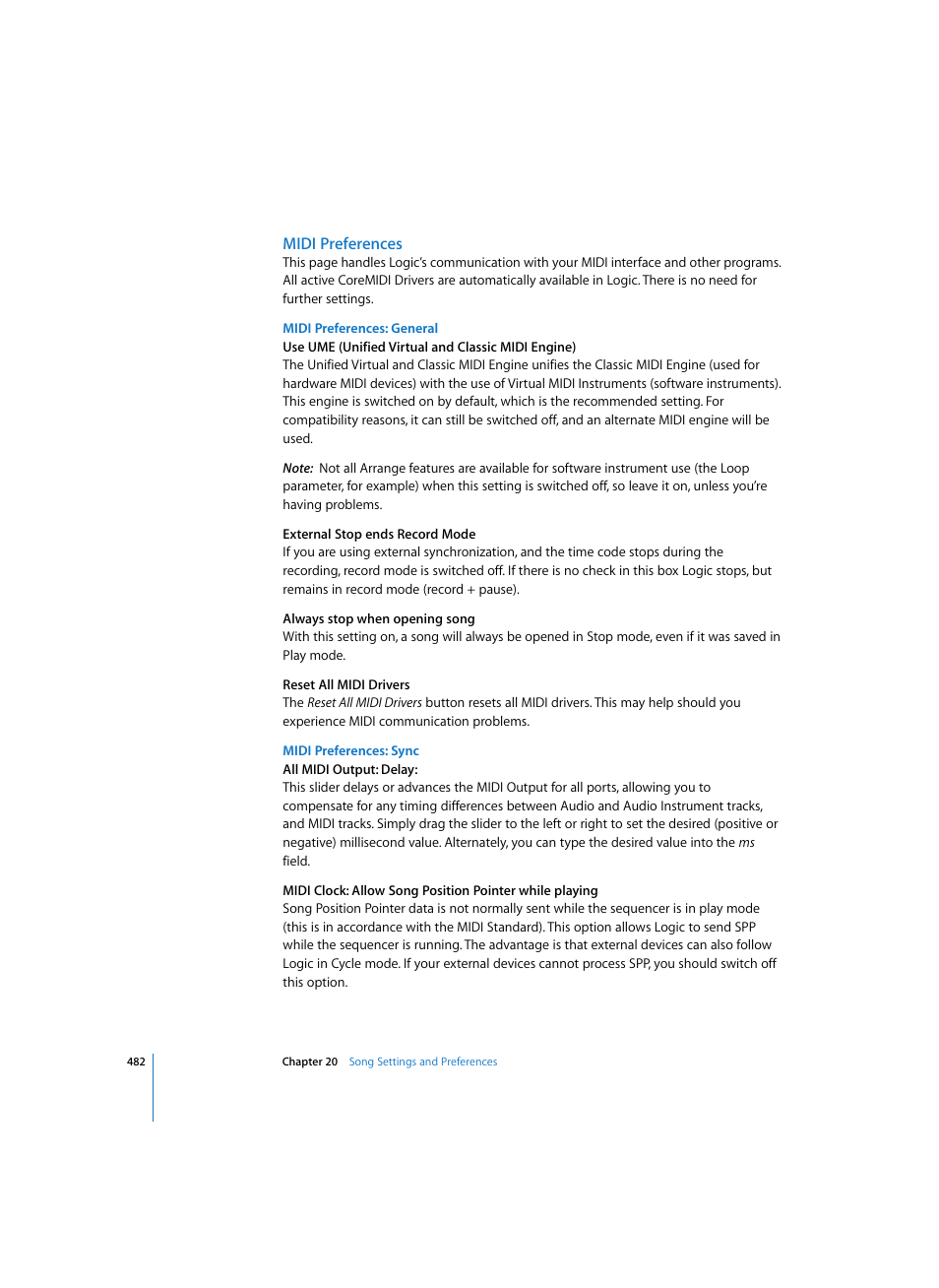 Midi preferences, Midi preferences: general, Midi preferences: sync | Apple Logic Express 7 User Manual | Page 482 / 522