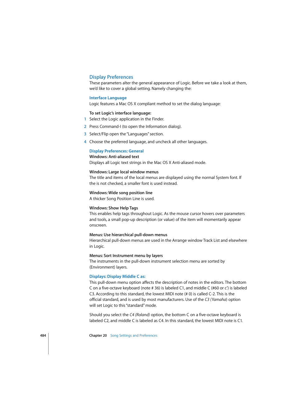 Display preferences, Interface language, Display preferences: general | Displays: display middle c as | Apple Logic Express 7 User Manual | Page 484 / 522