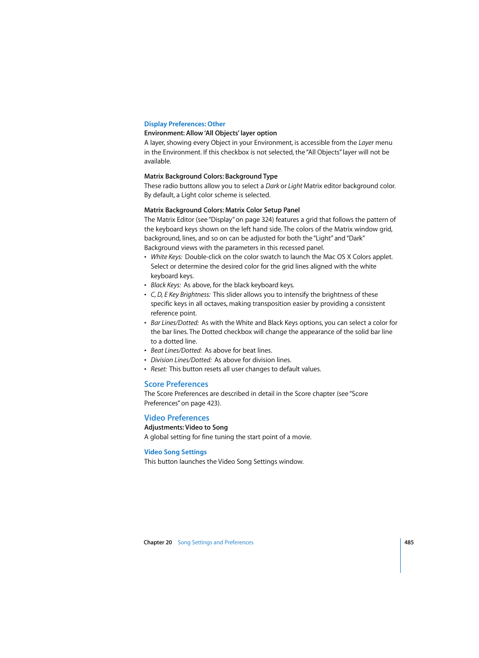 Display preferences: other, Score preferences, Video preferences | Video song settings | Apple Logic Express 7 User Manual | Page 485 / 522
