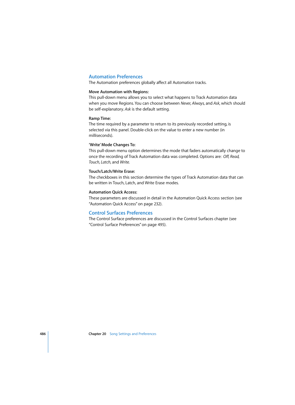 Automation preferences, Control surfaces preferences | Apple Logic Express 7 User Manual | Page 486 / 522