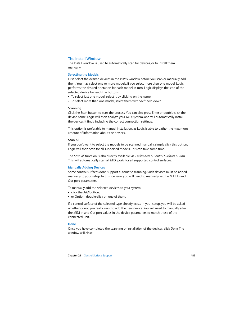 The install window, Selecting the models, Manually adding devices | Done | Apple Logic Express 7 User Manual | Page 489 / 522