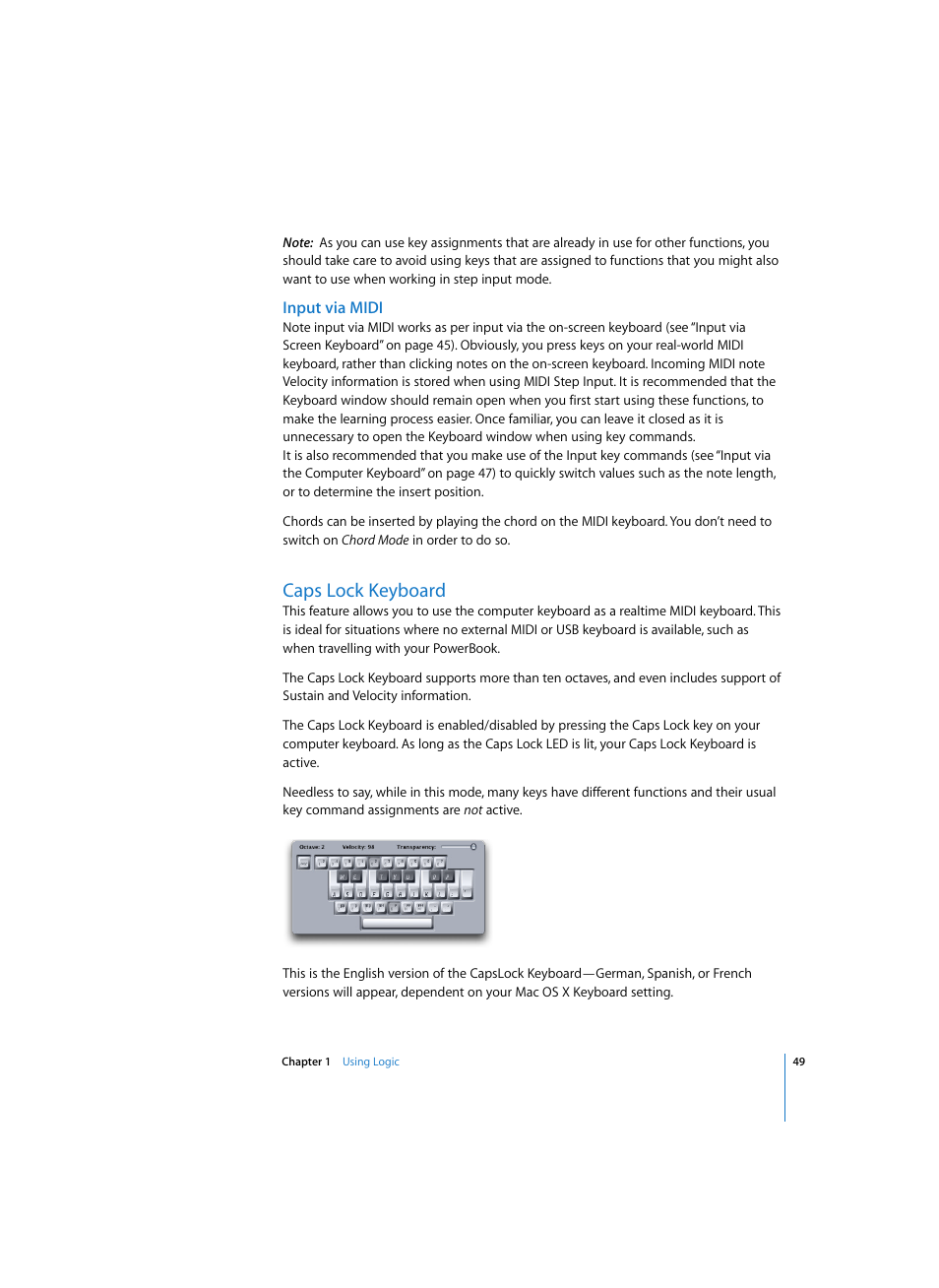 Input via midi, Caps lock keyboard | Apple Logic Express 7 User Manual | Page 49 / 522