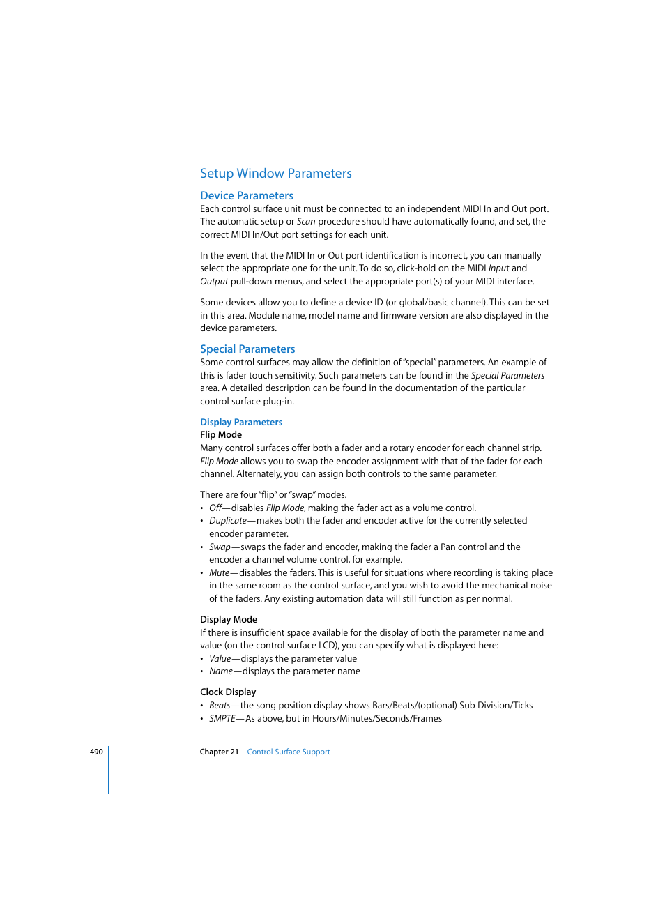 Setup window parameters, Device parameters, Special parameters | Display parameters | Apple Logic Express 7 User Manual | Page 490 / 522