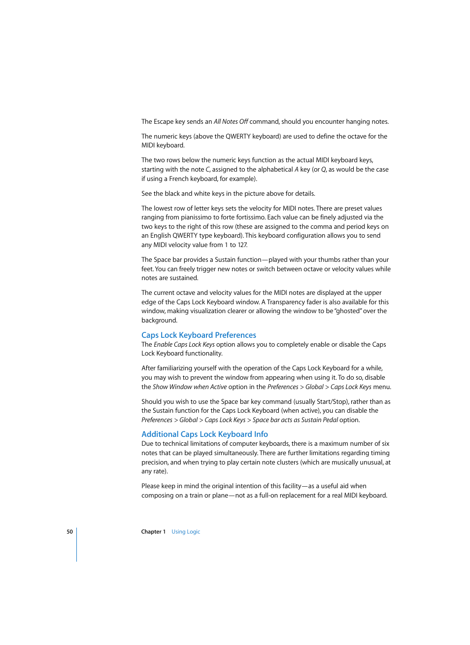 Caps lock keyboard preferences, Additional caps lock keyboard info | Apple Logic Express 7 User Manual | Page 50 / 522