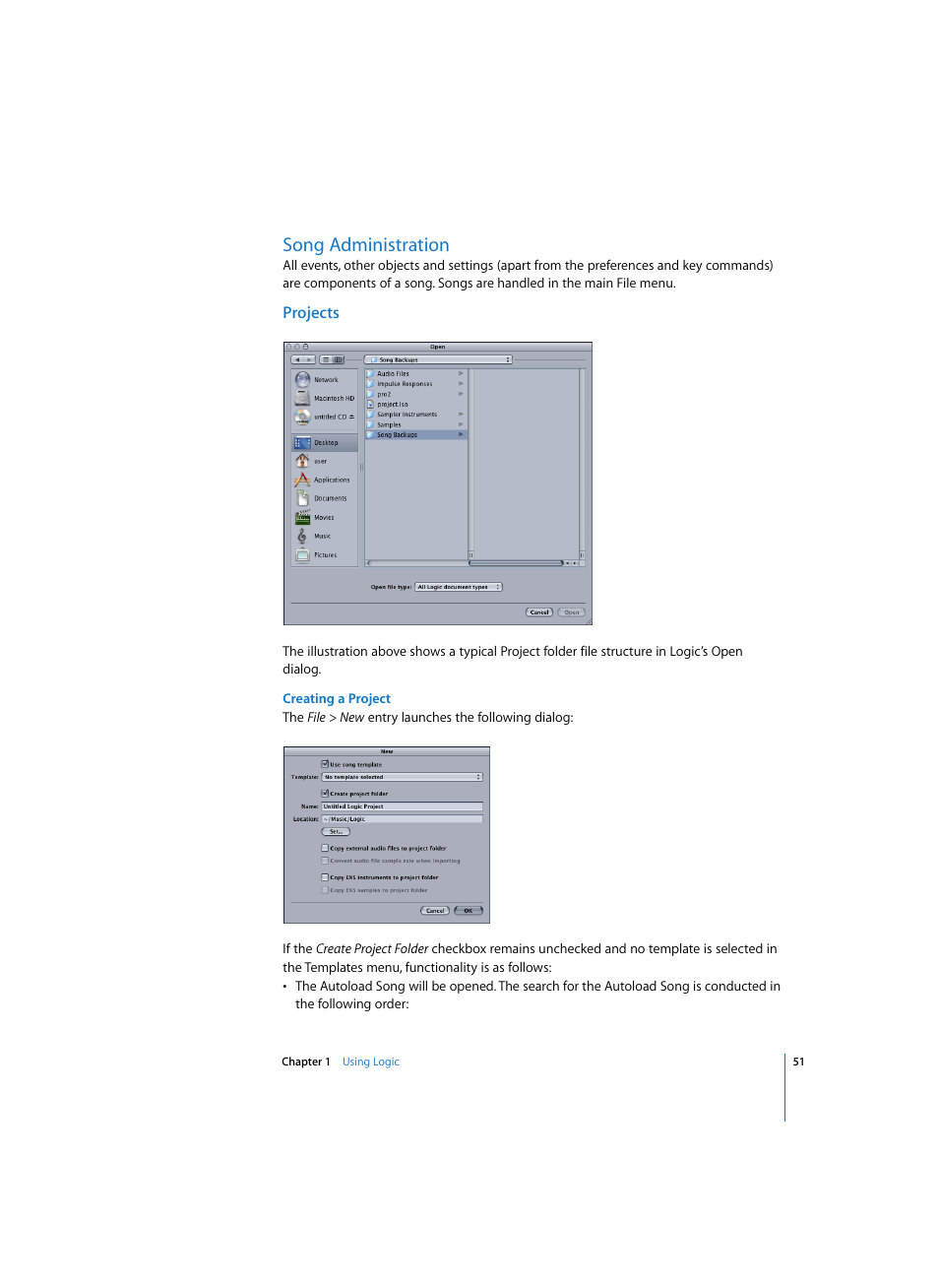 Song administration, Projects, Creating a project | Apple Logic Express 7 User Manual | Page 51 / 522