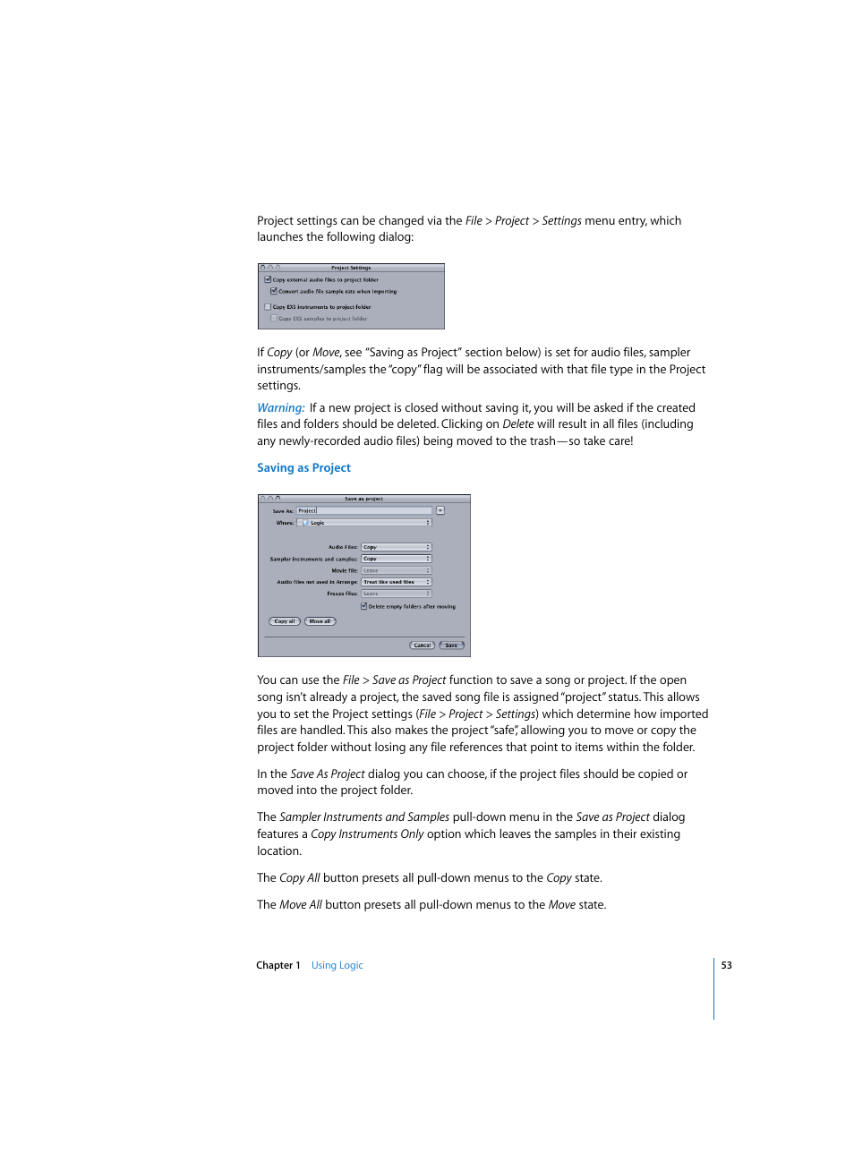 Saving as project | Apple Logic Express 7 User Manual | Page 53 / 522
