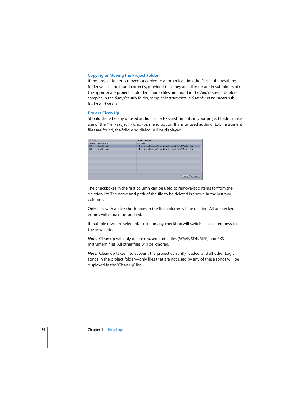Copying or moving the project folder, Project clean up | Apple Logic Express 7 User Manual | Page 54 / 522