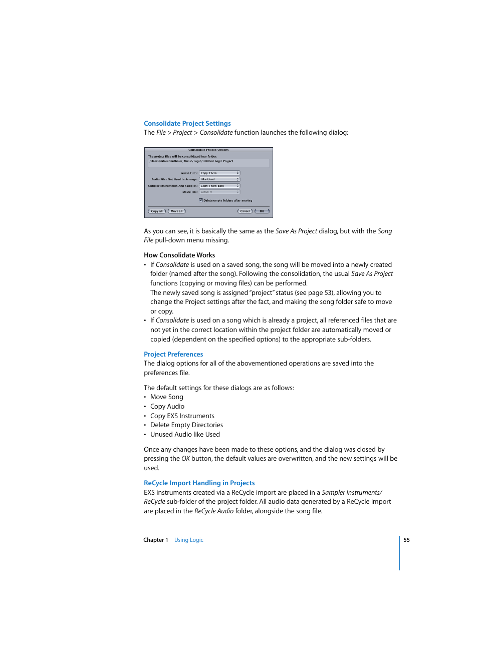 Consolidate project settings, Project preferences, Recycle import handling in projects | Apple Logic Express 7 User Manual | Page 55 / 522