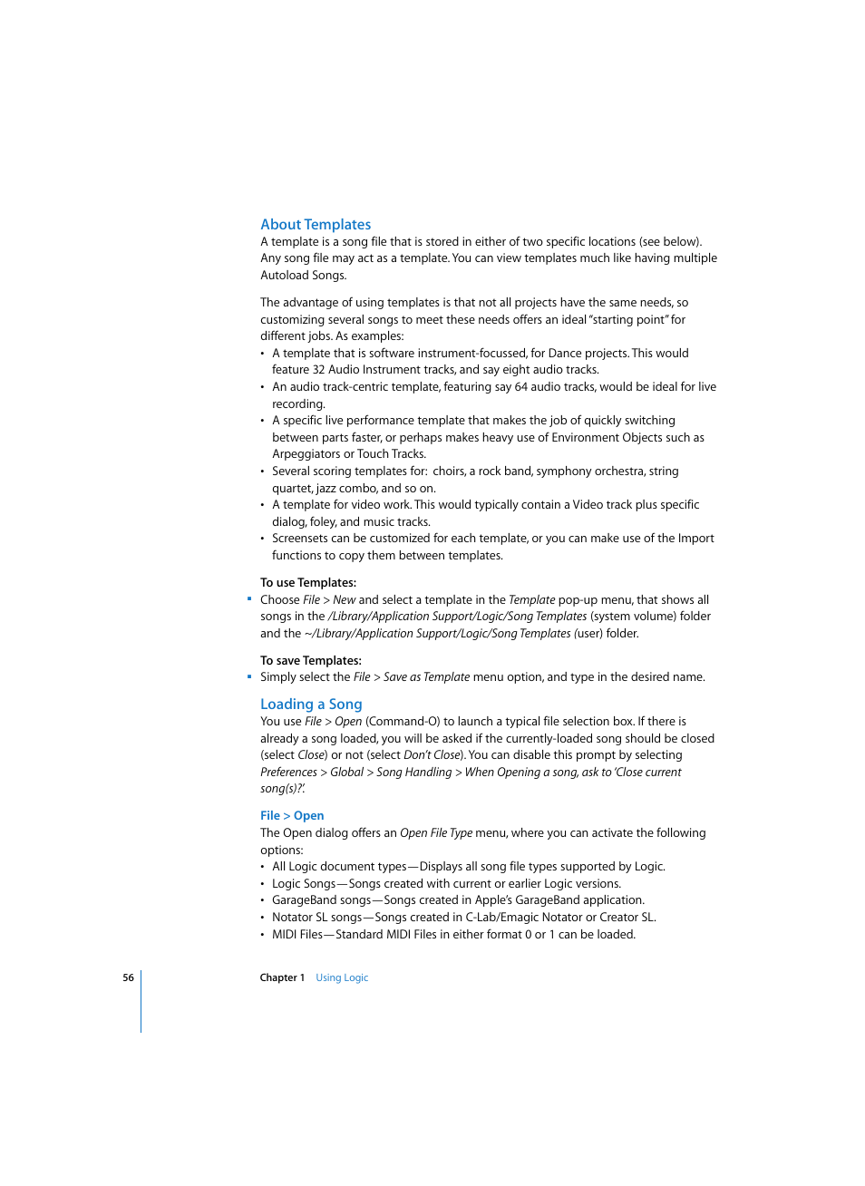 About templates, Loading a song, File > open | Apple Logic Express 7 User Manual | Page 56 / 522