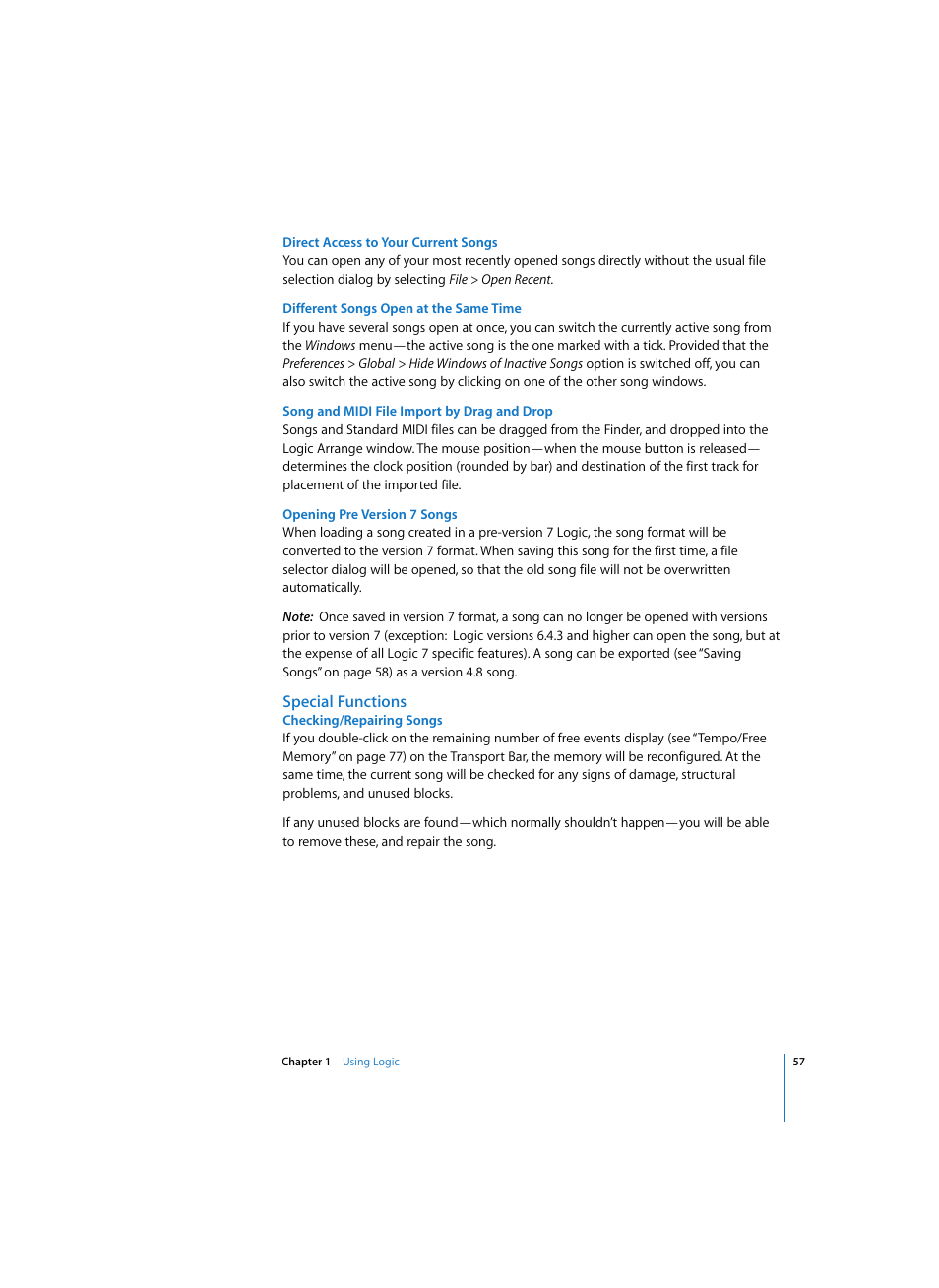 Direct access to your current songs, Different songs open at the same time, Song and midi file import by drag and drop | Opening pre version 7 songs, Special functions, Checking/repairing songs | Apple Logic Express 7 User Manual | Page 57 / 522