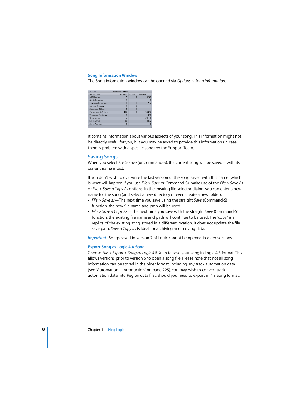 Song information window, Saving songs, Export song as logic 4.8 song | Apple Logic Express 7 User Manual | Page 58 / 522