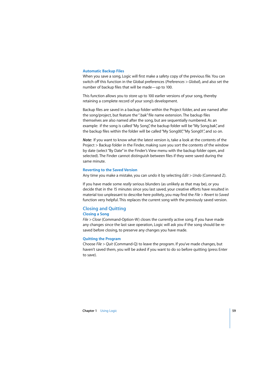 Automatic backup files, Reverting to the saved version, Closing and quitting | Closing a song, Quitting the program | Apple Logic Express 7 User Manual | Page 59 / 522