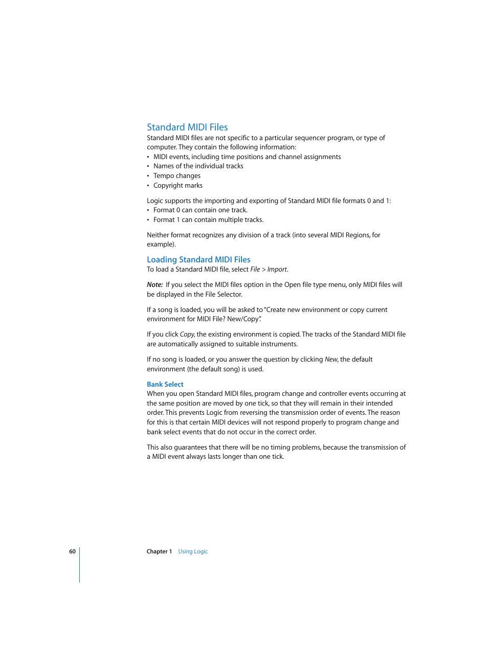 Standard midi files, Loading standard midi files, Bank select | Apple Logic Express 7 User Manual | Page 60 / 522
