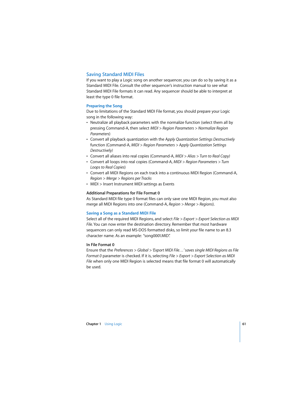 Saving standard midi files, Preparing the song, Saving a song as a standard midi file | Apple Logic Express 7 User Manual | Page 61 / 522