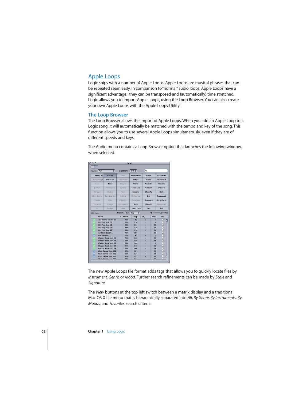 Apple loops, The loop browser | Apple Logic Express 7 User Manual | Page 62 / 522