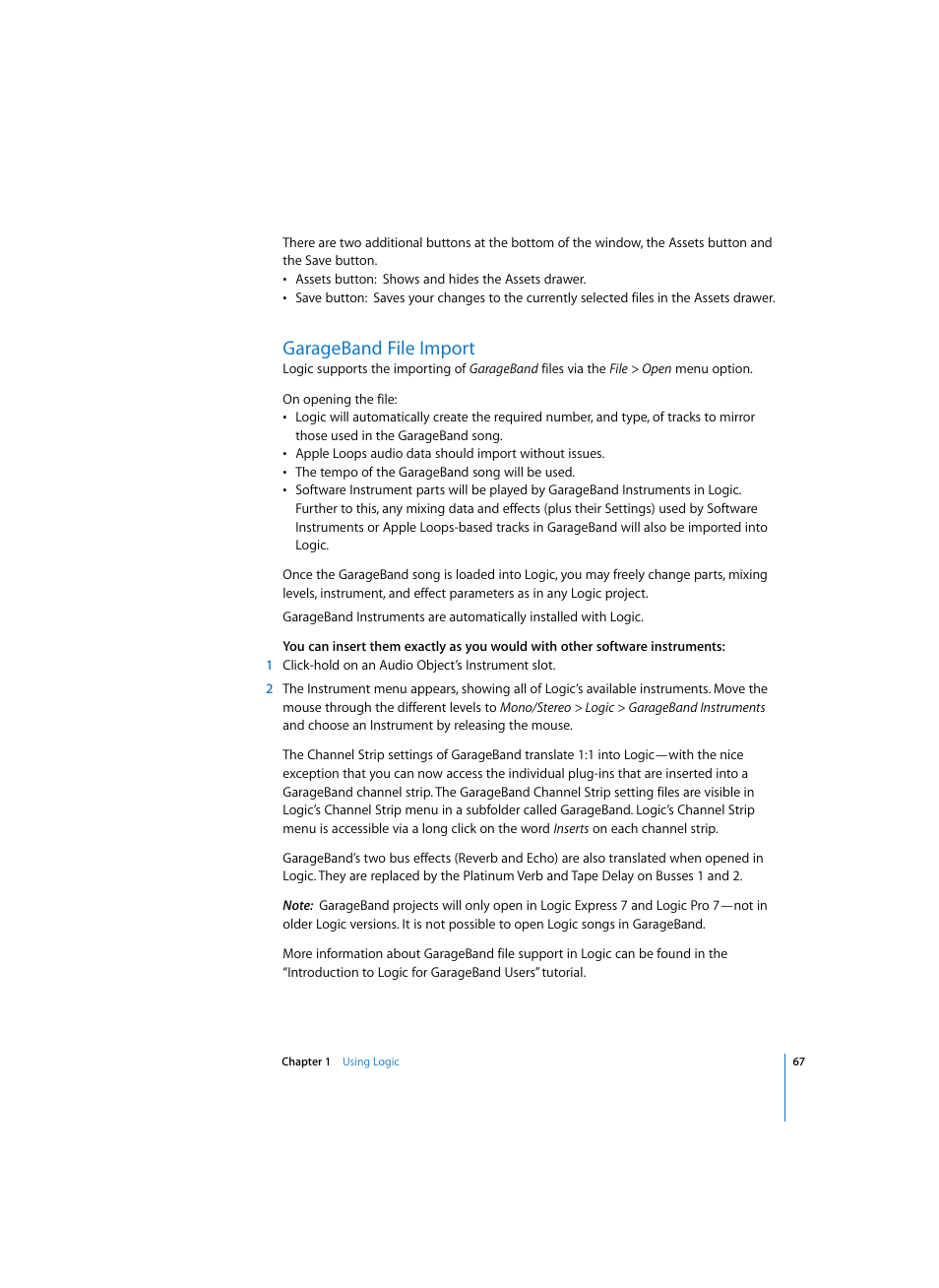 Garageband file import | Apple Logic Express 7 User Manual | Page 67 / 522