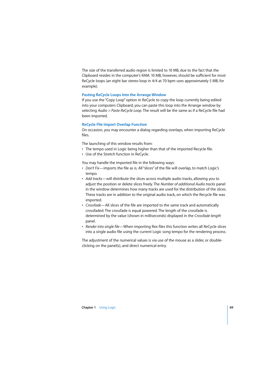 Pasting recycle loops into the arrange window, Recycle file import overlap function | Apple Logic Express 7 User Manual | Page 69 / 522
