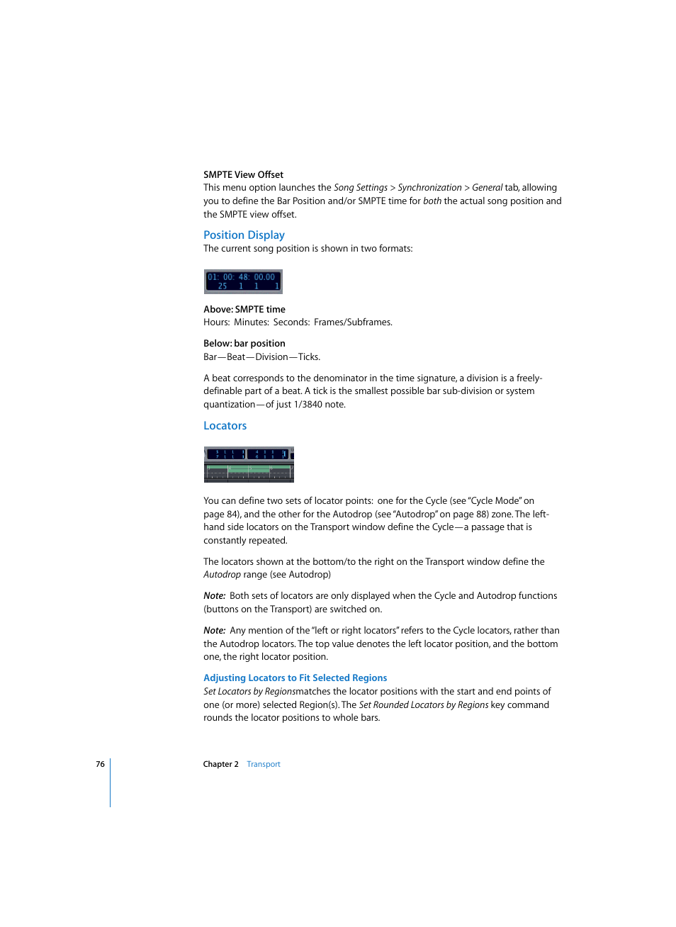 Position display, Locators, Adjusting locators to fit selected regions | Apple Logic Express 7 User Manual | Page 76 / 522